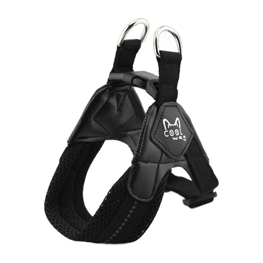 Black Cool Wag air mesh dog harness with vegan leather logo patch and silver D-rings